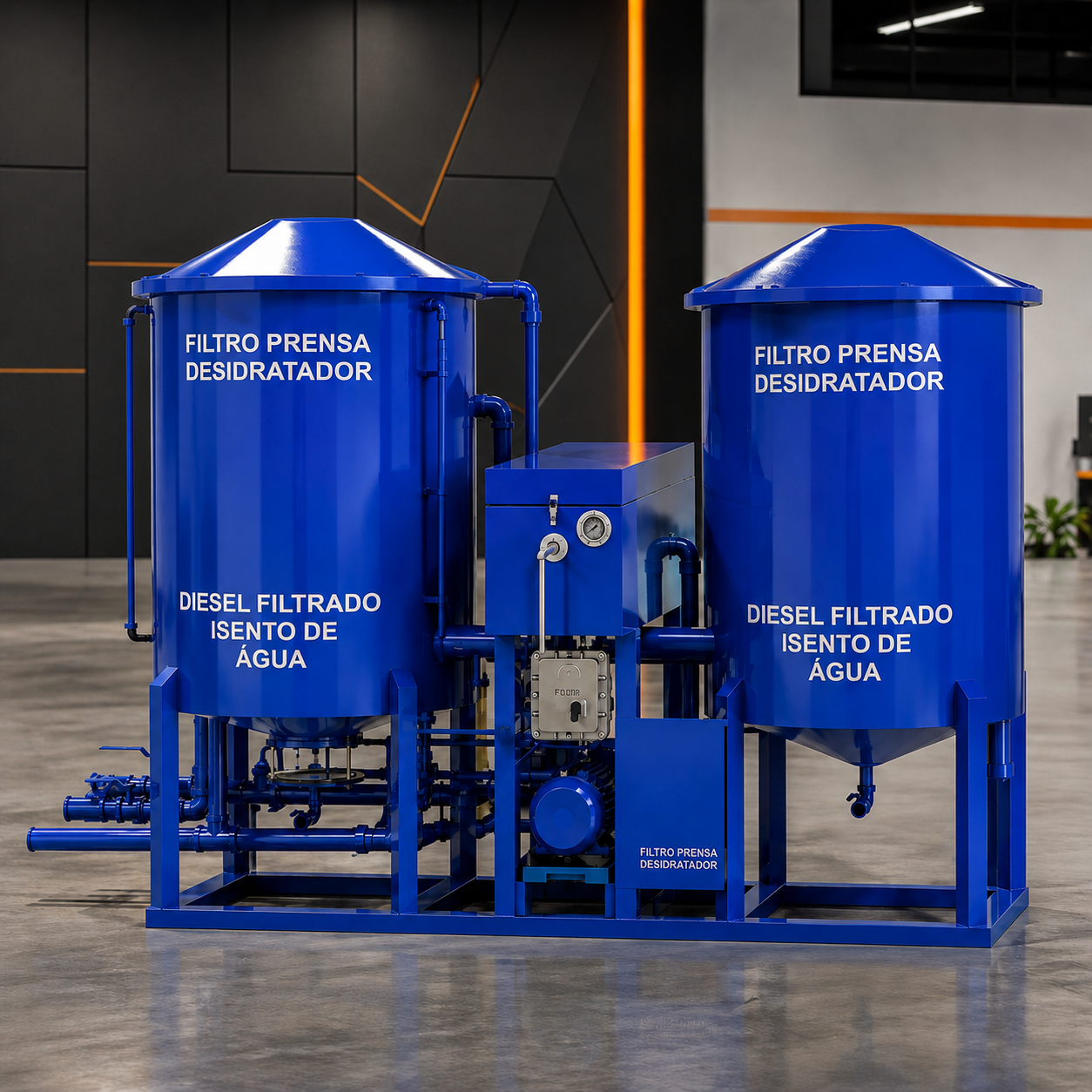 Filtro prensa desidratador azul para diesel em ambiente industrial