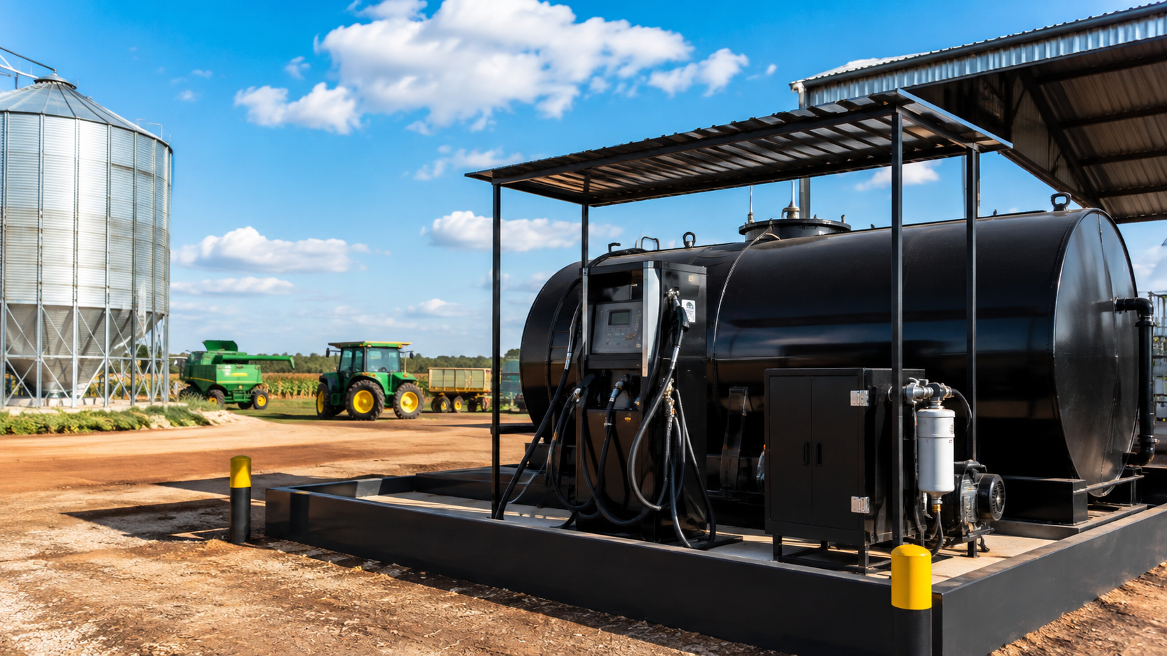 Tanque metálico instalado em uma operação agrícola, com máquinas ao fundo